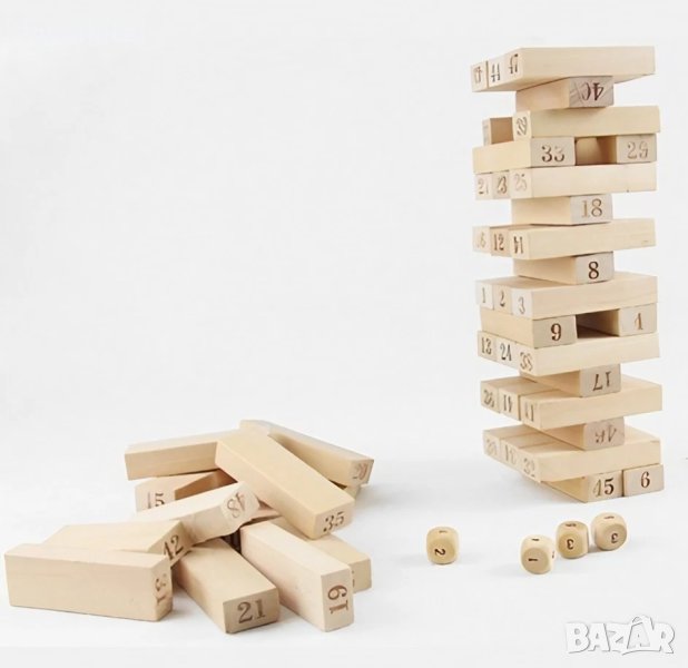 Дървена Дженга Кула с 4 зара и 54 блокчета JENGA / дървен строител , снимка 1