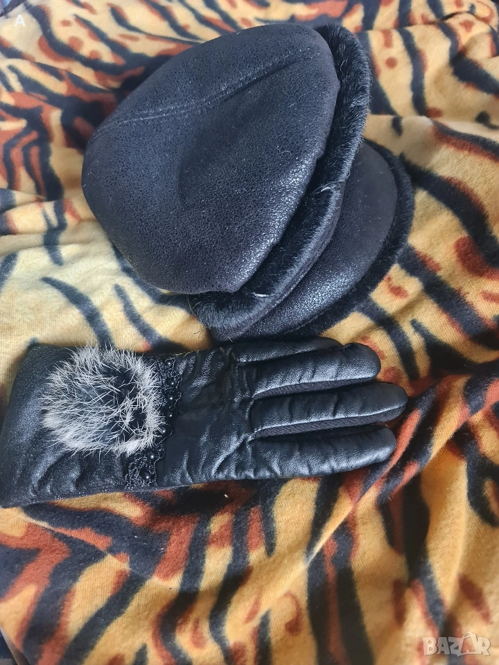 Елегантна дамска шапка и ръкавици с пух, снимка 1