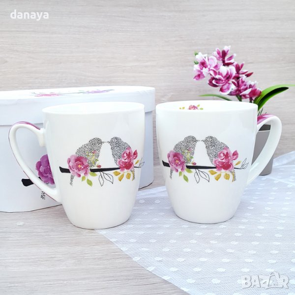 2953 Комплект керамични чаши за чай Влюбени врабчета, в кутия, снимка 1