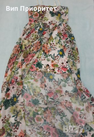 Дълга рокля копринена с къса непрозрачна предна част със същия пъстър принт, както коприната, снимка 10 - Рокли - 37338370