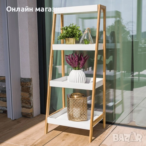 Етажерка 4 рафта МДФ бял естествен бамбук, 98*36*34см
