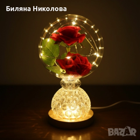 Лампа с вечни рози и топла LED светлина – подарък, който не увяхва, снимка 4 - Настолни лампи - 52510128