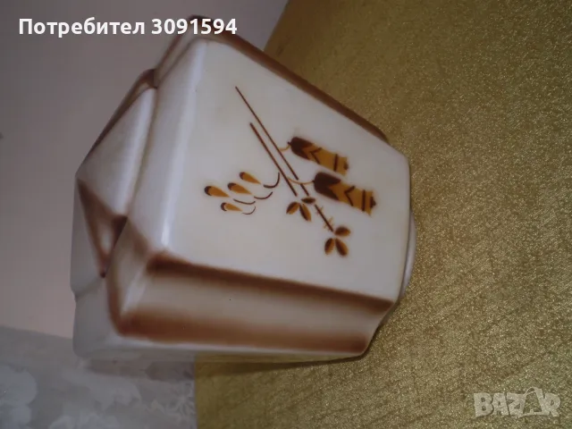 Винтидж стар ART DECO бежов, кафяв стъклен абажур, 30-те години на миналия век, многоъгълен оребрен 