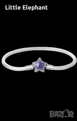 Сребърна гривна Пандора,със закопчалка звезда,змийска плетка,glittered,purple,"Summer vibes",19 см/н, снимка 1 - Колиета, медальони, синджири - 43715763