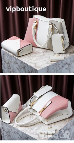 Шарена трицветна кожена дамска чанта комплект, снимка 3 - Чанти - 43011201