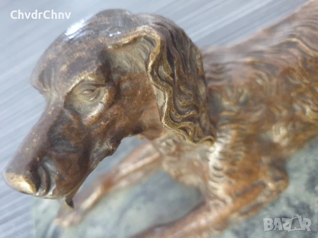 Parvis статуетка 30см-5кг/стара френска бронзова скулптура/фигура на куче-сетер/зелен мрамор, снимка 5 - Антикварни и старинни предмети - 51325012