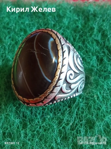 Винтидж сребърен пръстен орнаментиран ювелирно полиран ЧЕРЕН АХАТ уникален много красив 48799, снимка 3 - Пръстени - 53016224