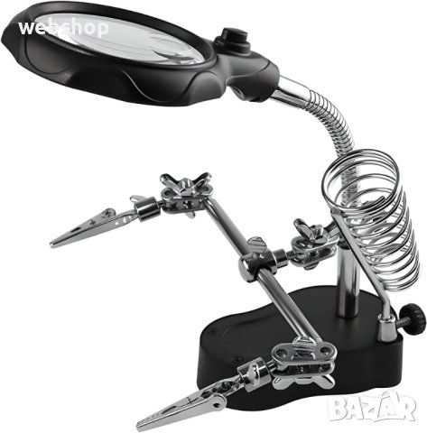 Трета Помощна ръка , стойка за поялник, щипки, лупа, LED осветление, 60mm, x2,5, снимка 1