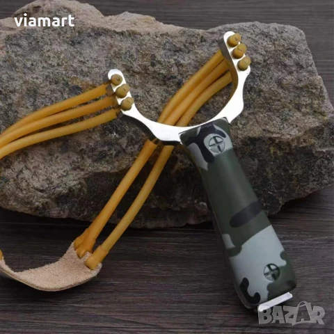 Ловна камуфлажна прашка SYQT с метална конструкция, комплект с 50 топчета, 3 ластика и 10 мишени, снимка 4 - Въздушно оръжие - 50526952