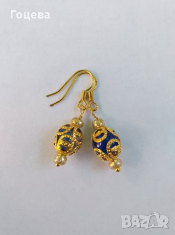 Красиви малки обеци в цвят антично злато със сини кракъл мъниста, снимка 2 - Обеци - 27248877