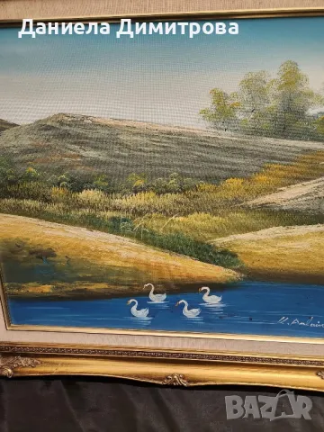 Картина, пейзаж с лебеди и рамка с барокови орнаменти, снимка 4 - Картини - 48405094