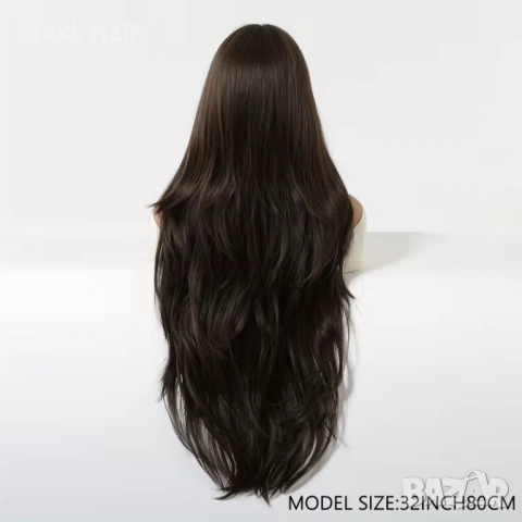 80 см Тъмно кафява чуплива перука на пластове с бретон, снимка 4 - Аксесоари за коса - 53573875