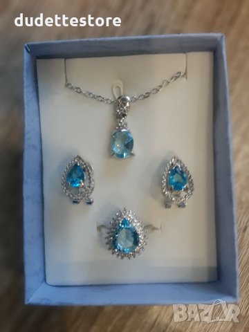 Много красиви сребърни комплекти с аквамарин обици пръстен и висулка със синджирче , снимка 5 - Бижутерийни комплекти - 27339052