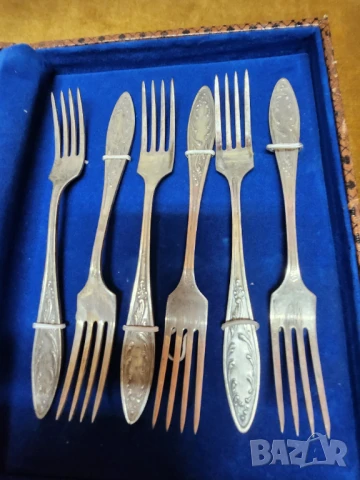 комплект 6 вилици + 6 лъжици от мелхиор, модел "Пламя", посребрени, нови/неползвани, от СССР, снимка 3 - Прибори за хранене, готвене и сервиране - 51078706