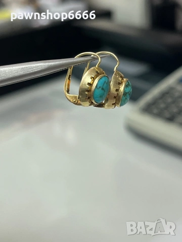 Винтидж златни обеци 14 карата с естествен тюркоаз , снимка 2 - Обеци - 53589099
