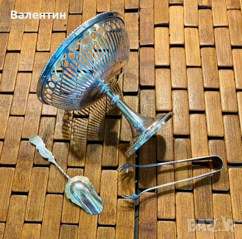 #2504# Комплект: купа за бонбони + лъжица + щипки. Винтидж. Посребрен. Маркиран. От Холандия., снимка 4 - Прибори за хранене, готвене и сервиране - 50685284