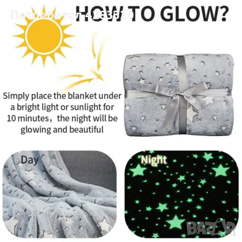 Детско одеяло, светещо в тъмното- 120 х150 см., полиестерен микрофибър. Цветове - сиво или розово, снимка 3 - Спално бельо и завивки - 47817480
