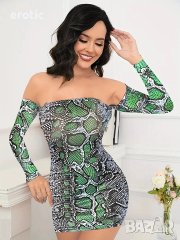 Дамска секси змийска рокля с голо рамо и дълъг ръкав - код: К1150, снимка 5 - Бельо - 53281183