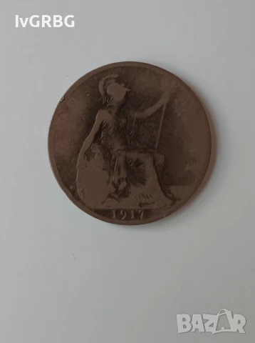 1 пени Великобритания Крал Джордж V 1 пени 1917 Великобритания Английска монета Англия ПСВ, снимка 3 - Нумизматика и бонистика - 50835190