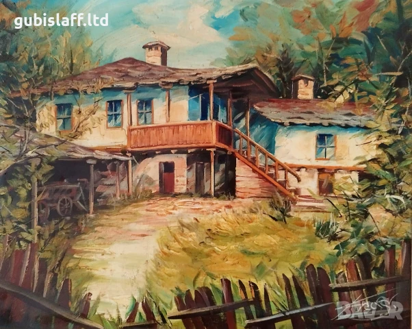 Картина, възрожденски къщи, български автор, снимка 2 - Картини - 51042000