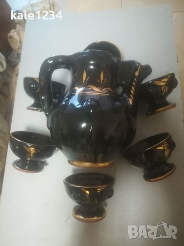 Керамичен сервиз за вино. Черно със злато. Чисто нов. Ръчно рисуван. За механа. Българско производст, снимка 10 - Сервизи - 39029147