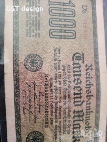 Стара Марка Немска Банкнота 1000 1923, снимка 3 - Нумизматика и бонистика - 42984294