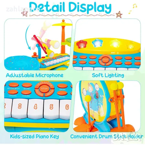 Комплект: Барабани + пиано + микрофон + столче, снимка 5 - Музикални играчки - 48246473