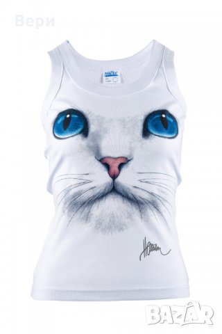 Нов дамски бял потник с 3D принт Котка със сини очи, Х-гръб, прав гръб, снимка 9 - Потници - 28361545