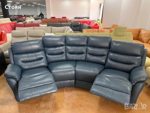 Син кожен извит диван четворка с ръчен релаксиращ механизъм, снимка 6 - Дивани и мека мебел - 39973097