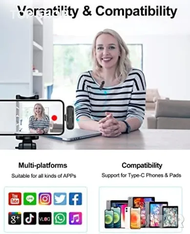 Нови 2 броя Безжичен микрофон за телефони с Iphone Айфон Запис Видео Презентация, снимка 4 - Микрофони - 49335266