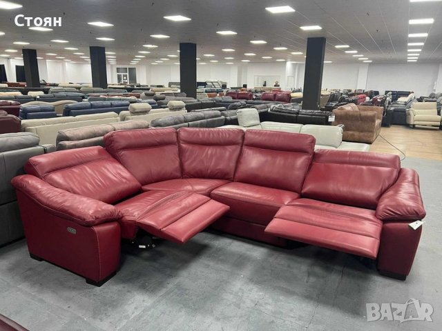 Червен кожен ъглов диван с електрически релаксиращ механизъм, снимка 4 - Дивани и мека мебел - 39712113