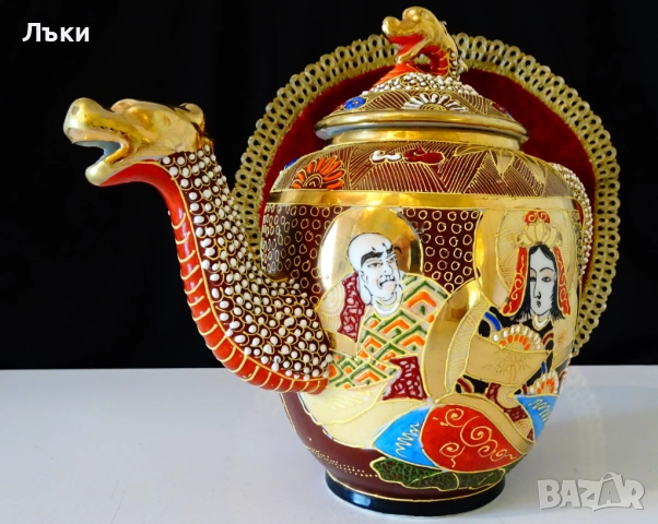 Кана японски порцелан Satsuma,Дракон,злато,1.5 литра. , снимка 3 - Антикварни и старинни предмети - 51636022