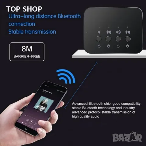 Ejoyous BW-107 Bluetooth сплитер, аудио Bluetooth адаптер 1 в 3 изход, Bluetooth 4.0 предавател, при, снимка 3 - Ресийвъри, усилватели, смесителни пултове - 48818912