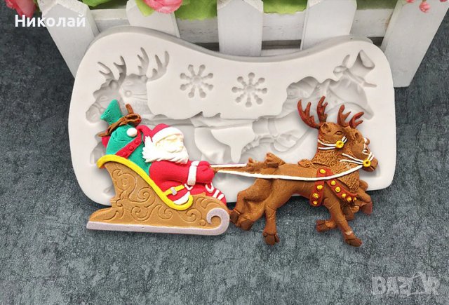 Силиконов Молд Дядо коледа с елени , шейна и снежинки , Декорация на торта фондан