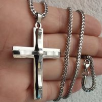 Ланец с кръст от медицинска стомана, цвят сребърен, снимка 4 - Колиета, медальони, синджири - 43997668