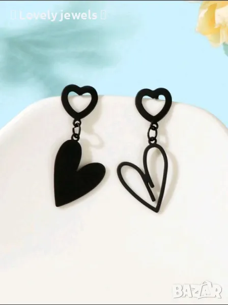 Обици черни сърчица сърце , снимка 1