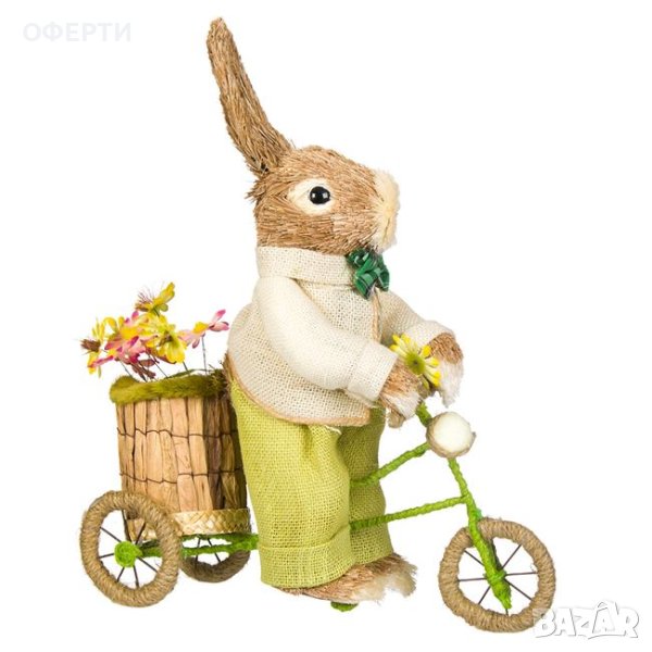 Великденска декоративна зелена фигура Заек с велосипед 42 см, снимка 1