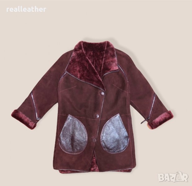 Дамски кожух от естествена агнешка кожа в цвят бордо, снимка 1