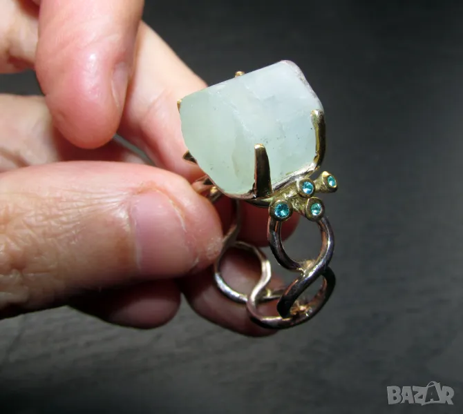 Сребърен пръстен 20 карата аквамарин. Размер 15x13, снимка 1