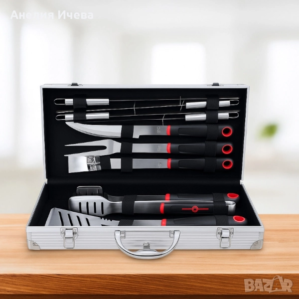 Луксозен комплект от 11 инструмента за барбекю в алуминиев куфар , снимка 1