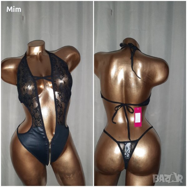  М/L Черно боди от дантела и кожа с цип , снимка 1