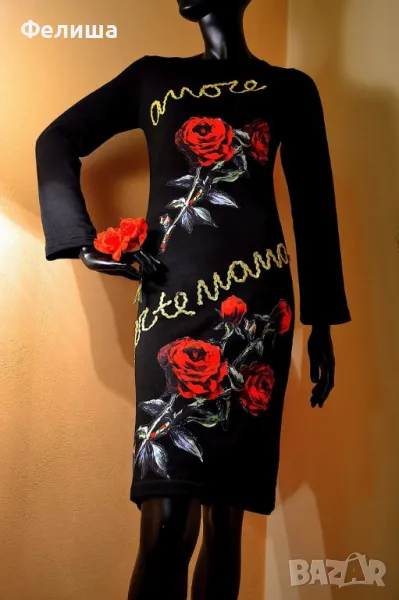 Красива Брандова Черна Дамска Рокля с Рози , снимка 1