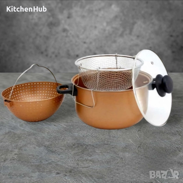 Тенджера с гевгир и кошница за пържене Voltz, 24*12.5см., Меден\въгл. стомана с незалеп. покр., снимка 1