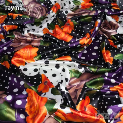 Италиански еластичен сатен принт точки и цветя, снимка 5 - Платове и дамаски - 50431475