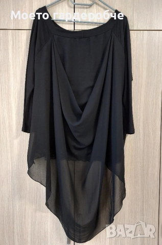 Дамска черна блуза с интересен удължен гръб, снимка 2 - Блузи с дълъг ръкав и пуловери - 52644529