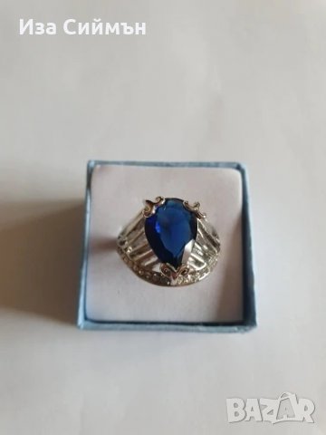 Пръстен от медицинска стомана с голям сапфир, снимка 2 - Пръстени - 32502476