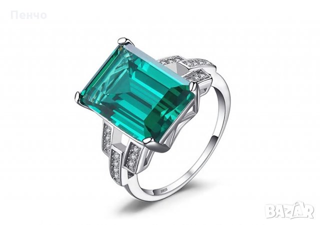 Пръстен смарагдов зелен син камък сребърен посребрен за жени годежен за момичета скъпоценни камъни, снимка 2 - Пръстени - 26539504