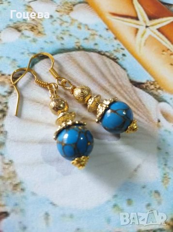 Уникални обеци с редкият камък син Азурит и орнаменти цвят злато