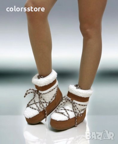 Апрески на платформа - бяло с кафяво велур - NS80