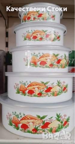 ⭐ Комплект емайлирани купи за съхранение на храна с пластмасови капаци 5 броя, снимка 4 - Съдове за готвене - 43134158